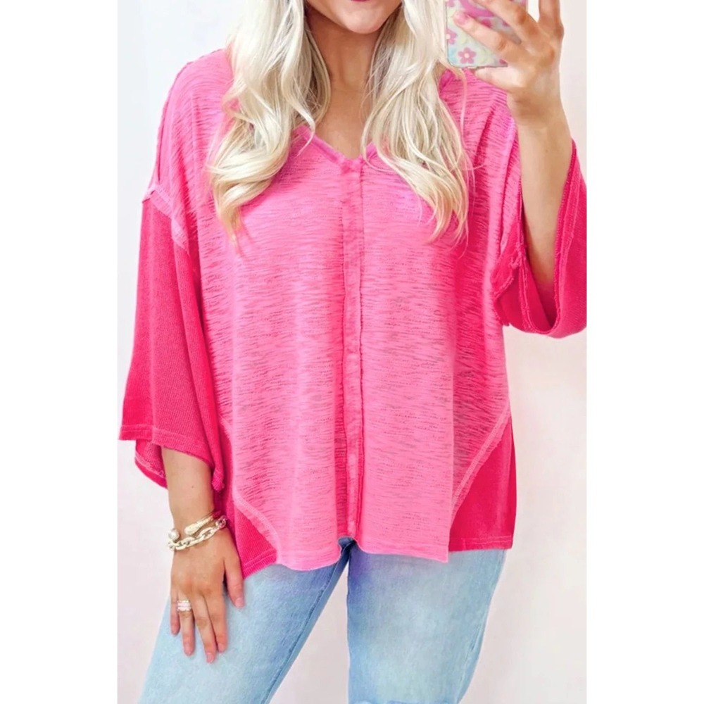 POL Pink V-Neck Cropped‎ Raw Hem Lightweight Knit Top Women's Size Medium